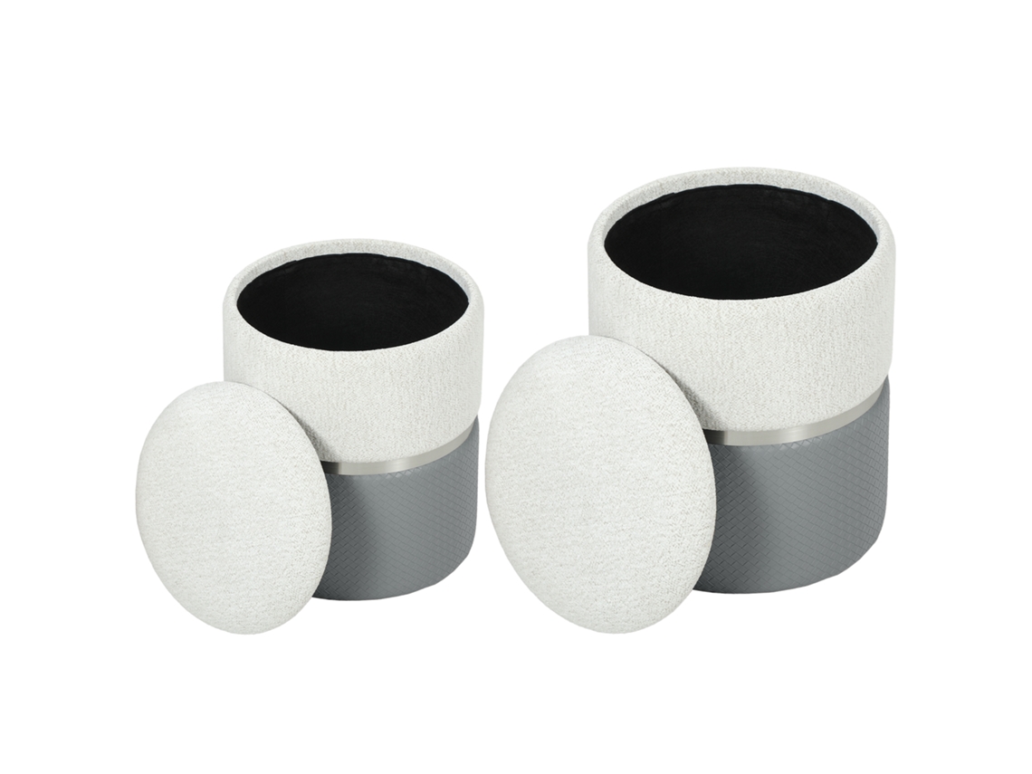 Puff de armazenamento S/MARCA em chenille cinza e creme, assento acolchoado, conjunto 2 unidades