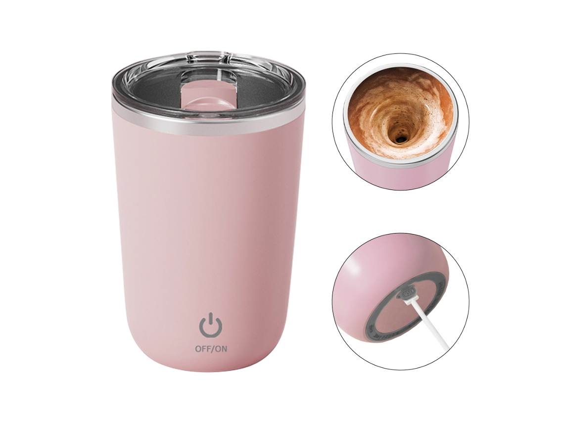 Xícara auto agitadora recarregável 350ml, inox 304, tampa USB, mistura magnética, office, viagem