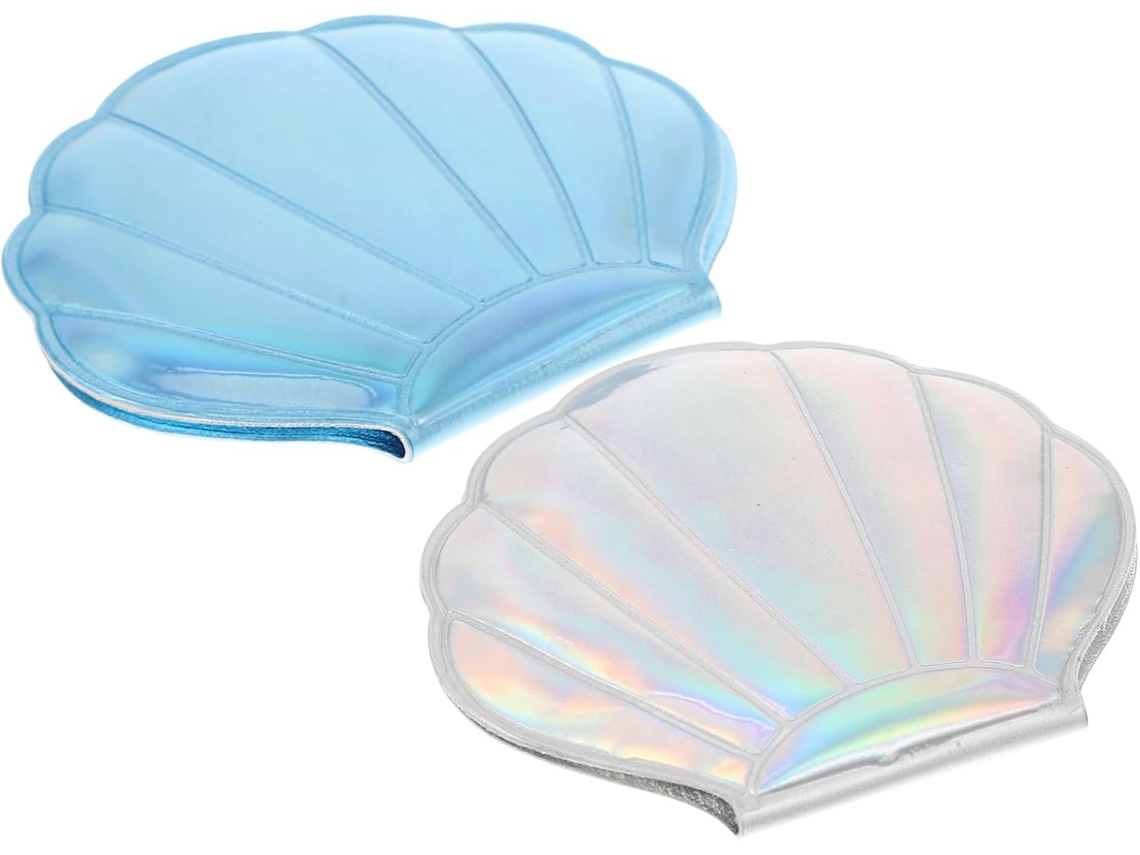 Espelhos De Maquiagem Compactos Em Formato De Concha, 2 Peças, Dobráveis, Prata E Azul, Para Viagem, Embalagem