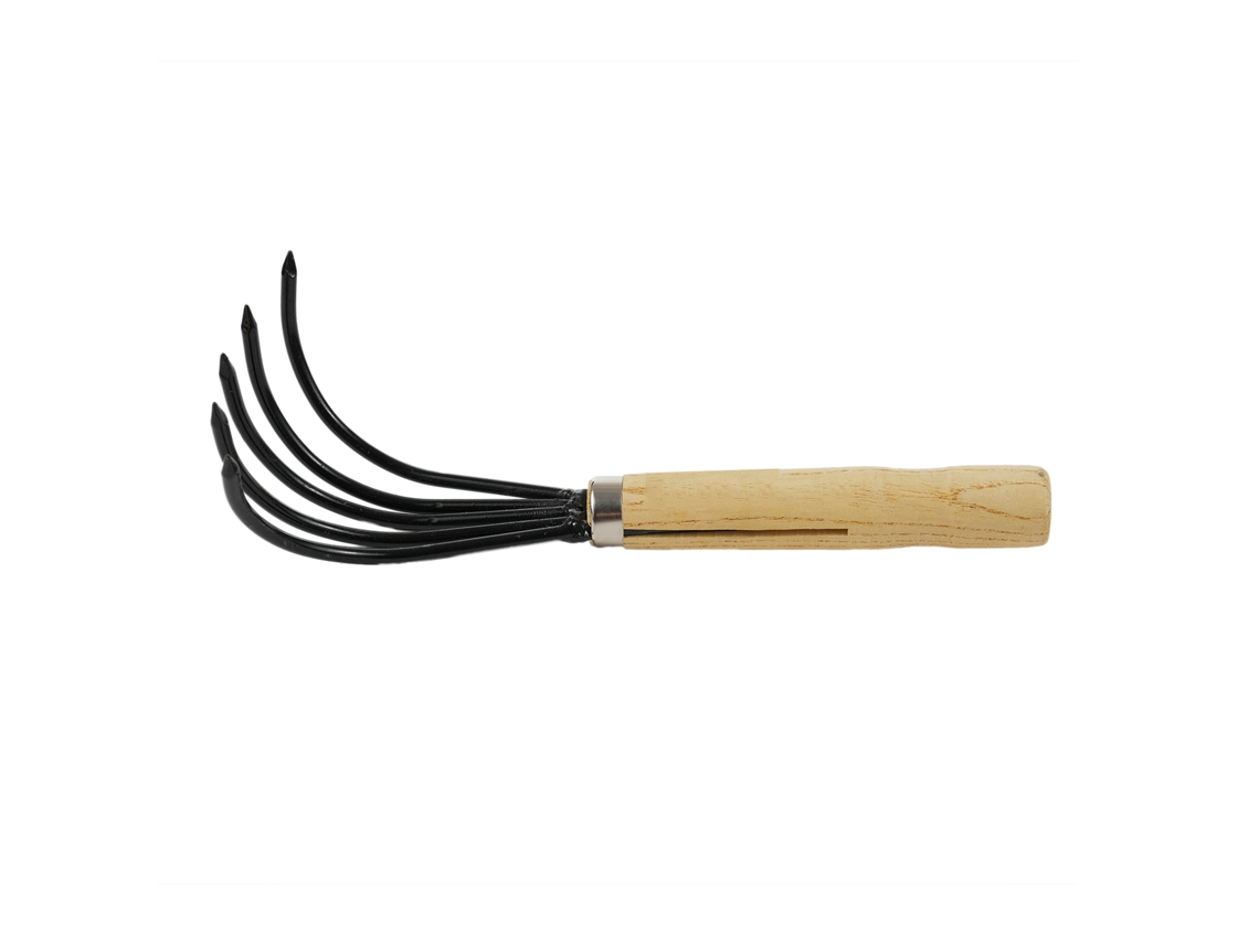 Ancinho de jardim manual com cabo curto de madeira, ferramenta resistente à quebra para soltar ou remover ervas daninhas do solo.