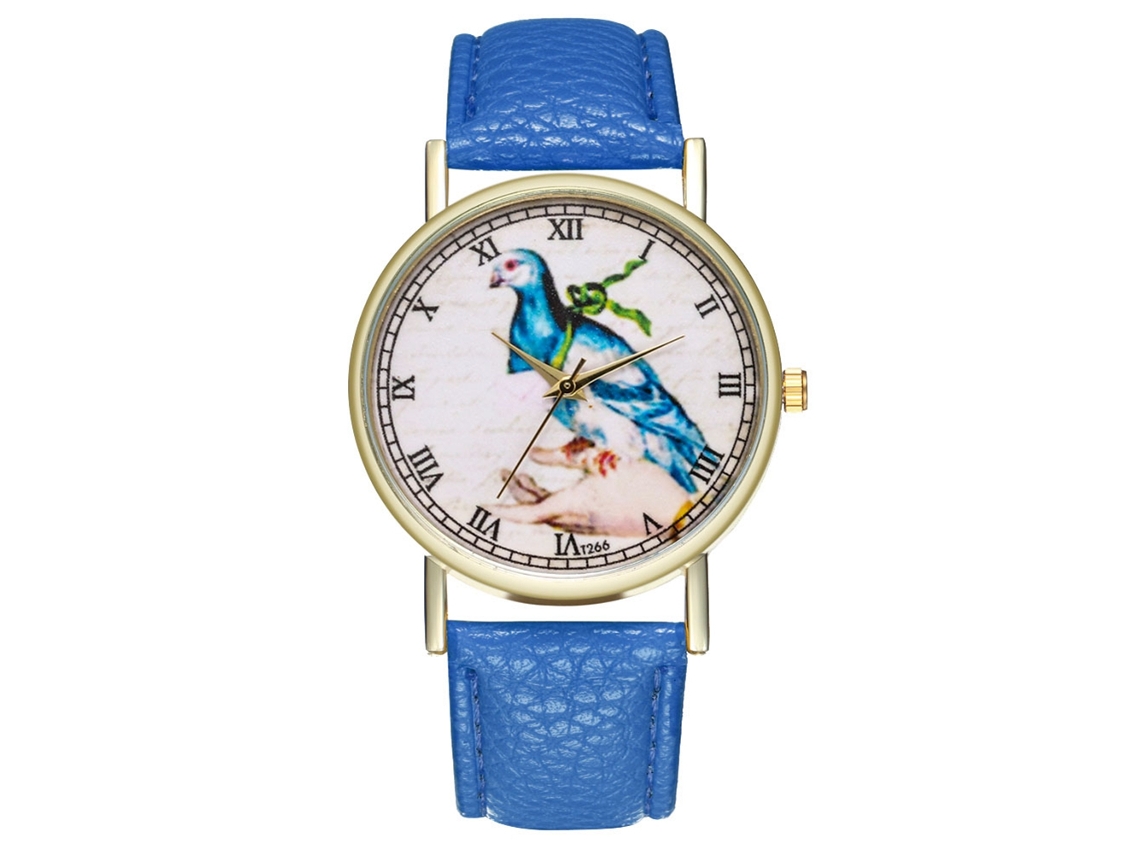 Reloj De Cuarzo Con Correa De Cuero Y Dial De Ave Portadora Clásico Para Mujer (azul Real)