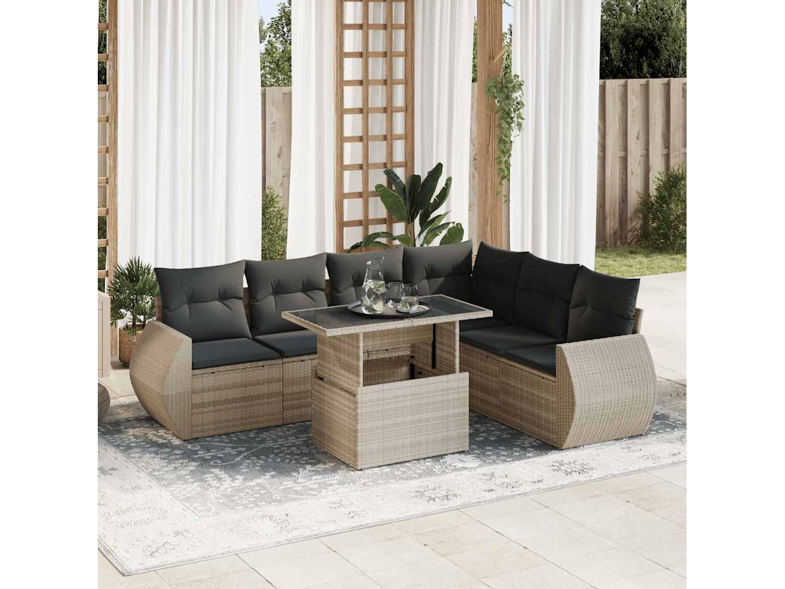 Vidaxl 7 Pcs Conj. Sofás Jardim Com Almofadões Vime Pe Cinzento-claro