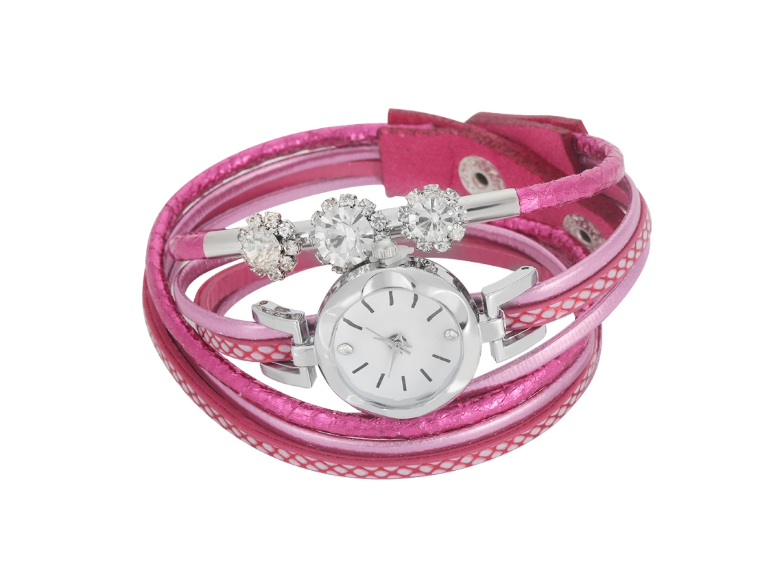 Relógio Pulseira Feminino de Quartzo com Pedras Strass e Correa Pu Rosa Redondo
