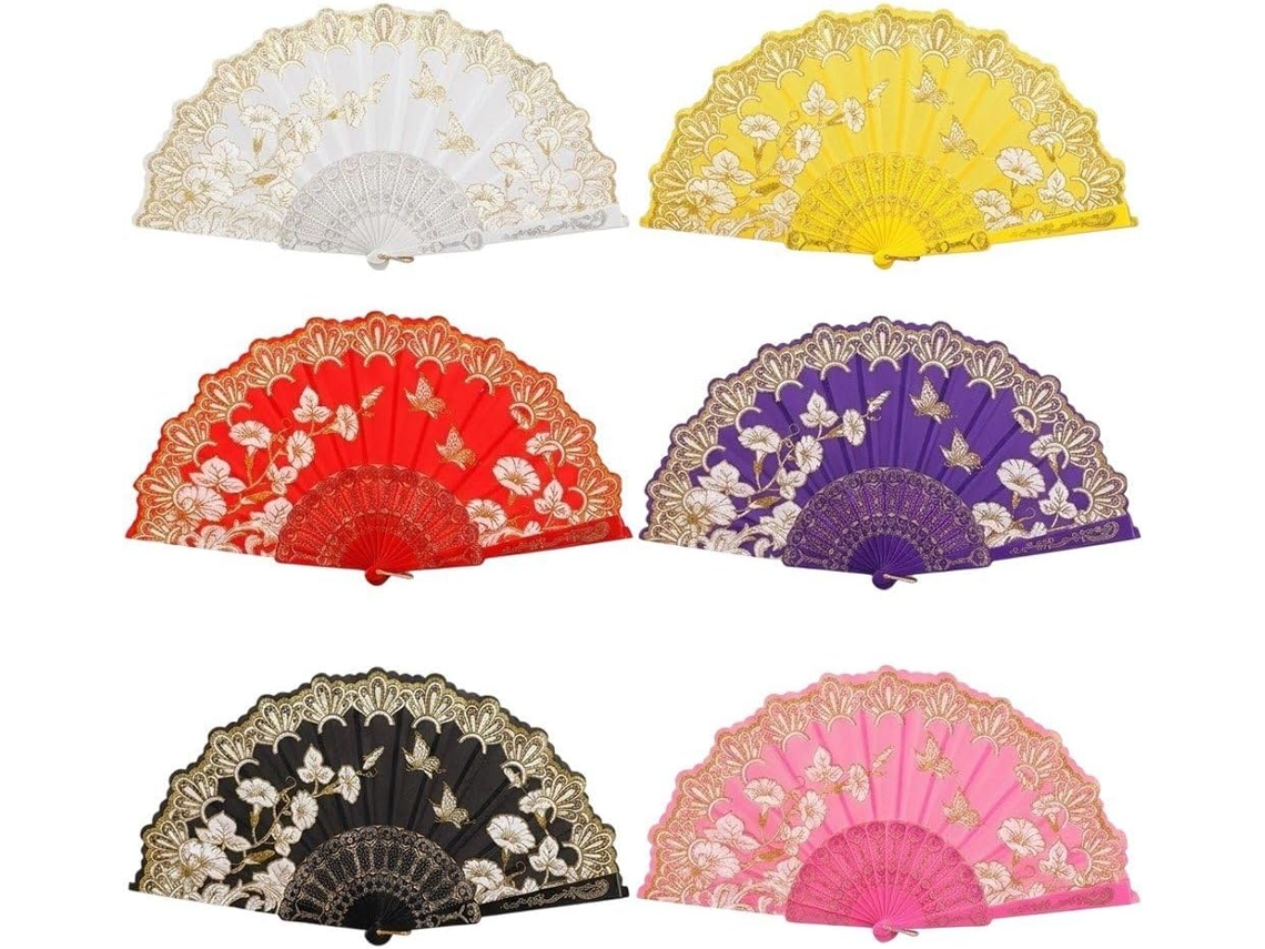Conjunto de 6 leques dobráveis chineses antigos com estampas florais e de borboletas.