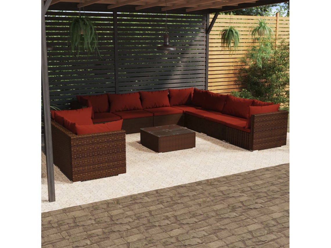 Vidaxl 10 Pcs Conjunto Lounge Jardim C/ Almofadões Vime Pe Castanho