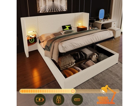 Cama De Casal Estofada (180×200), Usb Tipo-c, Conjunto De Cama Com Armazenamento Bege, Tecido De Velvet Côtelé (colchão Não Incluído).