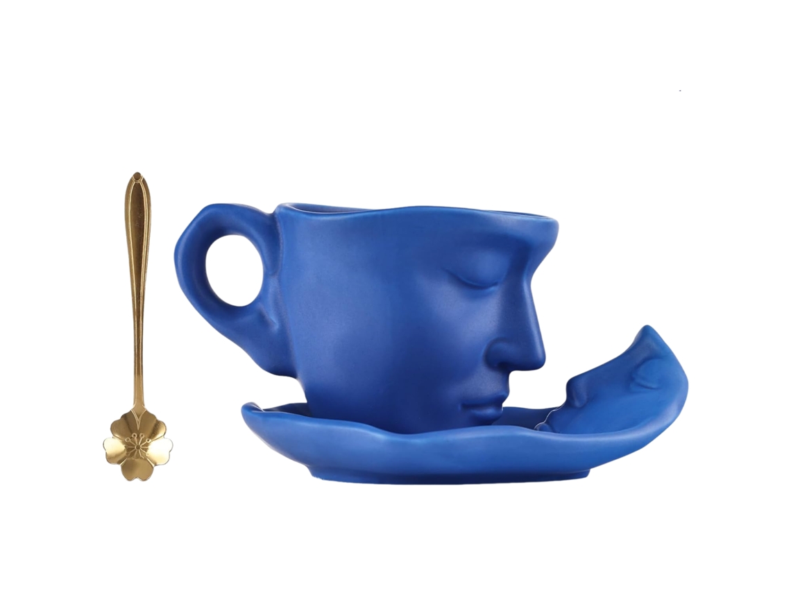 Conjunto Romântico De Xícara Chá Cerâmica Com Rostos Desenhados Para Casais Caneca, Pires E Colher , Presente Exclusivo Aquaforge (2 Peças)