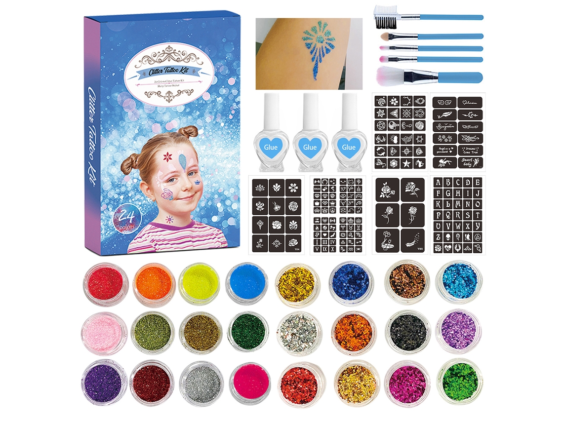 Kit de tatuagem com glitter de 24 cores para arte corporal e unhas.