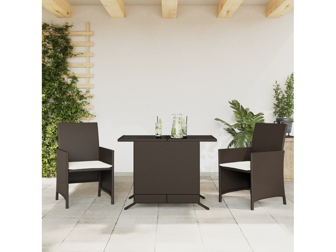 Vidaxl 3 Pcs Conjunto Bistrô Com Almofadões Vime Pe Castanho
