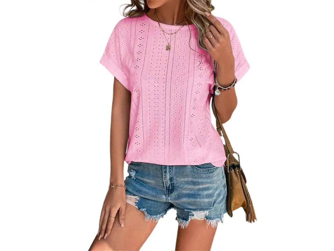 Camisa Feminina De Verão De Algodão, Manga Curta, Gola Redonda, Ajuste Casual Solto, Cores Variadas Rosa