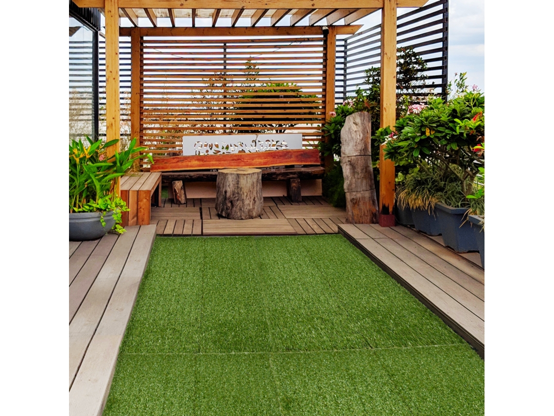 Relva Artificial De 10 Peças Estrado Sintética 30x30 Cm Altura 20 Mm Resistente Aos Raios Uv Verde Escuro