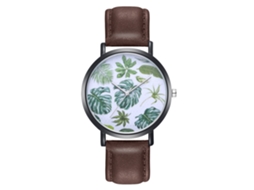 Relógio de quartzo com pulseira de couro PU, mostrador redondo, estampa de folhas, cor café Zhoulianfa