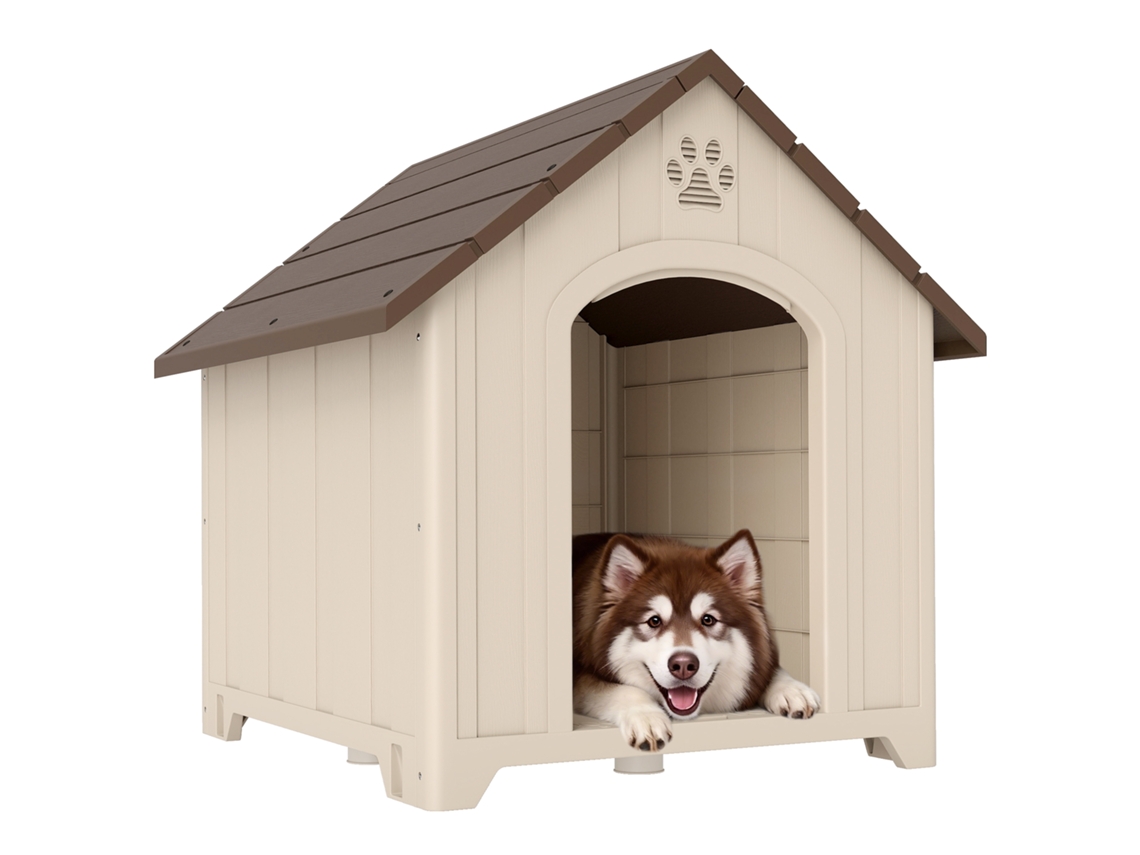 Cama Elevada Para Cachorro Com Telhado Inclinado E Saídas De Ar. Nas Páginas 102x94x103 Cm. Bege E Marrom Escuro