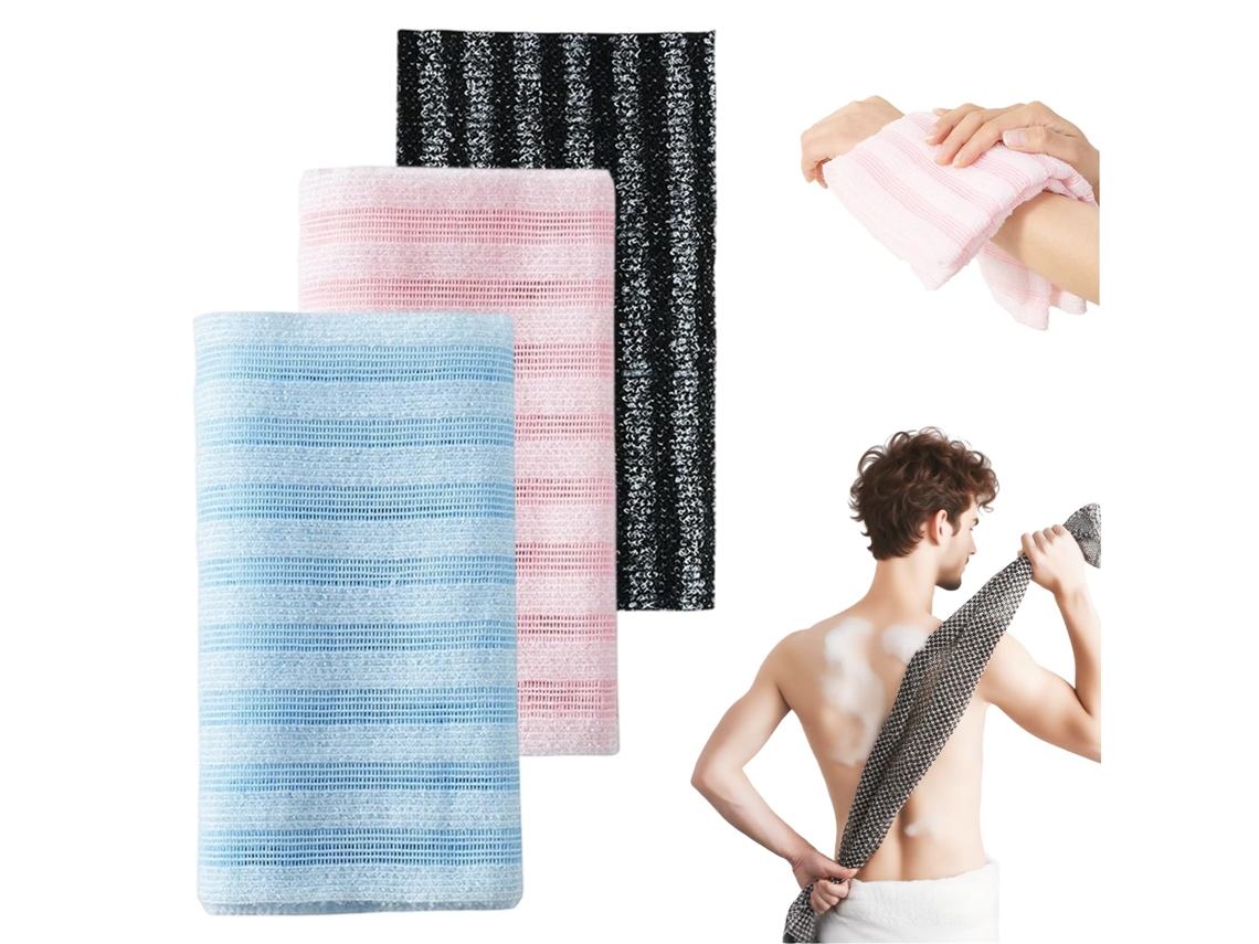 Conjunto 3 Toalhas Esfoliantes Banho - Toalha Corporal - 25x100 Cm - Poliéster - Rosa/azul Claro/às Riscas