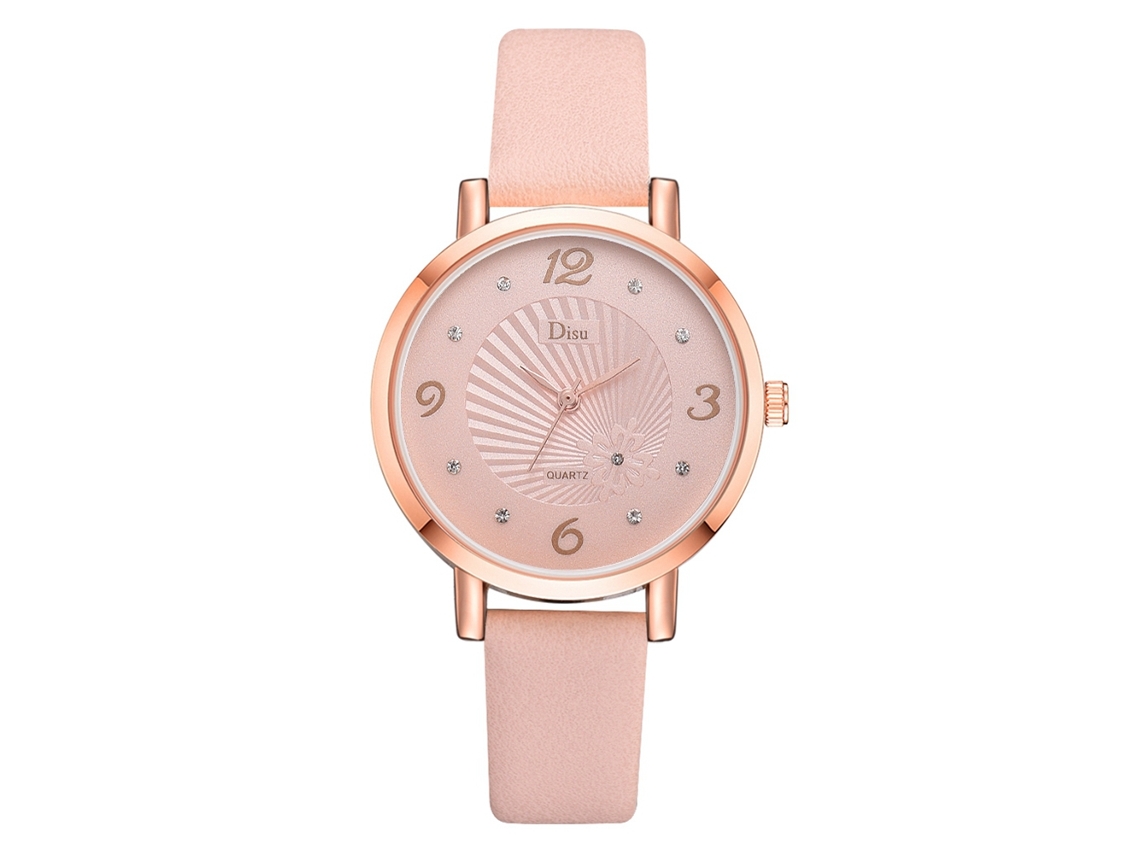 Relógio Feminino de Quartzo Simples com Cinto de Couro Artificial em Liga Rosa