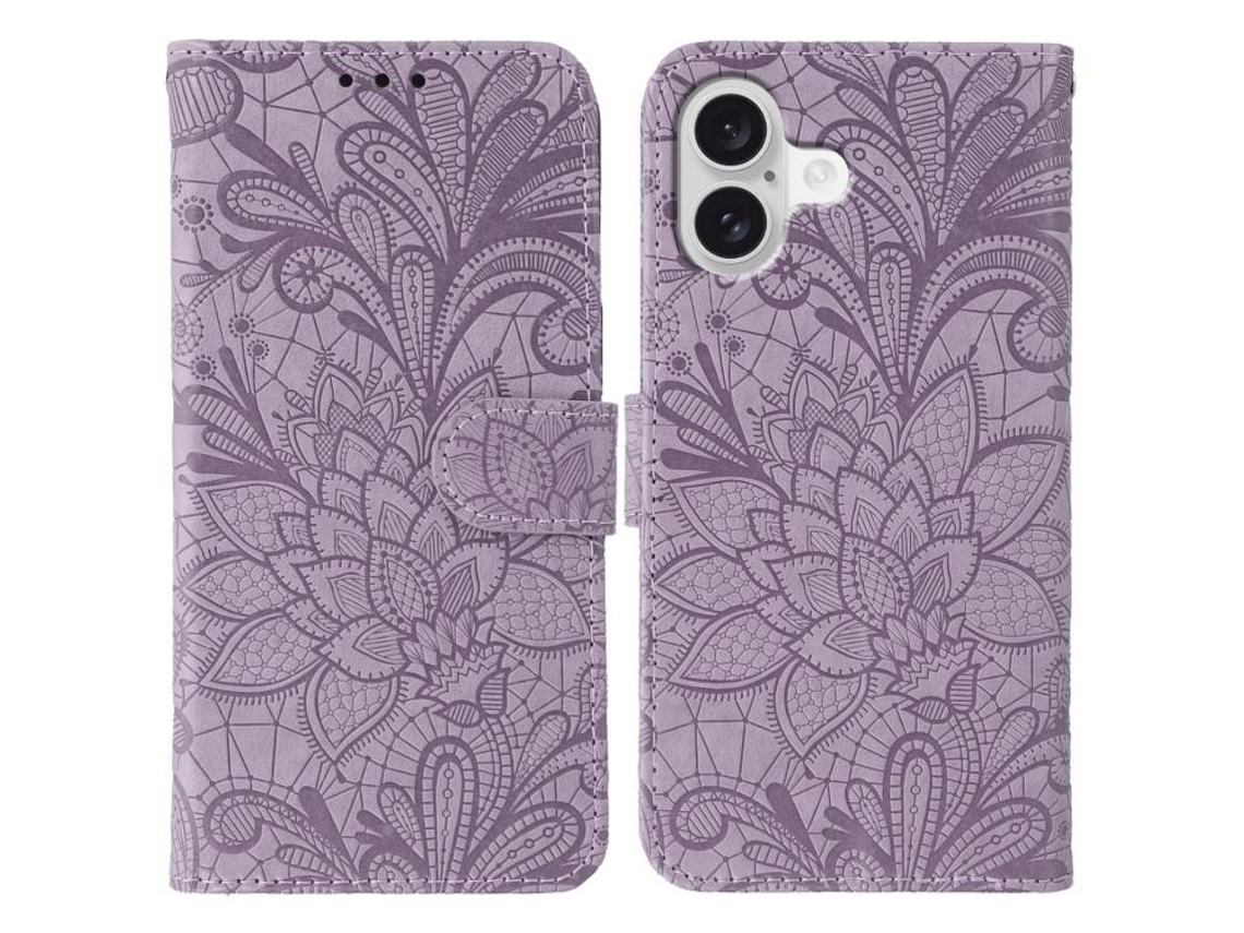Capa De Couro Para Iphone 17 Com Detalhes Em Renda Floral E Design Em Relevo.