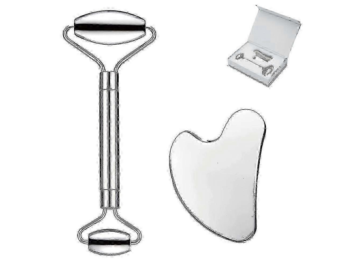Conjunto De Gua Sha De Aço Inoxidável E Rolo De Massagem Facial Para Massagem Facial, Olhos E Pescoço, Ferramentas Práticas Para Massagem Facial