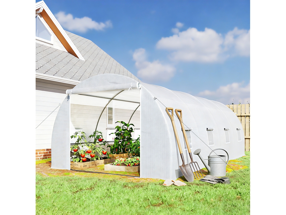 Estufa Túnel Para Plantas 595x300x200cm, 8 Aberturas, Revestimento De Polietileno, Estrutura Aço 24mm Branco Para Cultivo Em Jardimbr