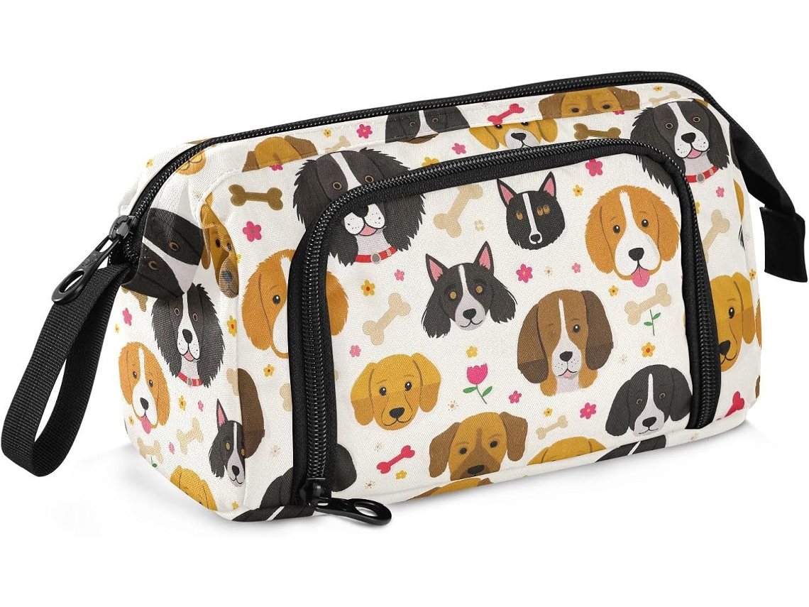 Estojo Grande com Zíper Estampa de Cabeça Cachorro e Osso 24 X 9,5 15 Cm Resistente Durável