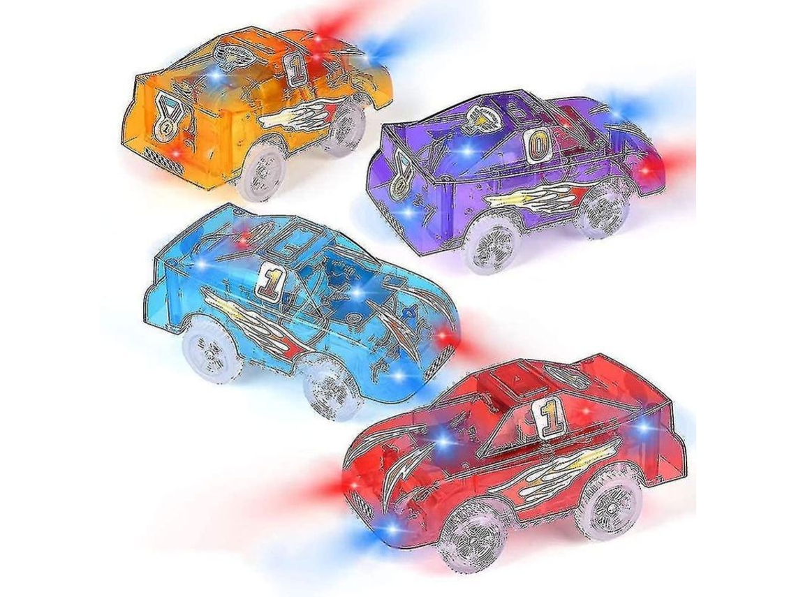 2026 4 Carros de Pista com Luzes Led para Brincar Compatíveis com Conjuntos de Pistas Flexíveis e Dinossauros Kmt