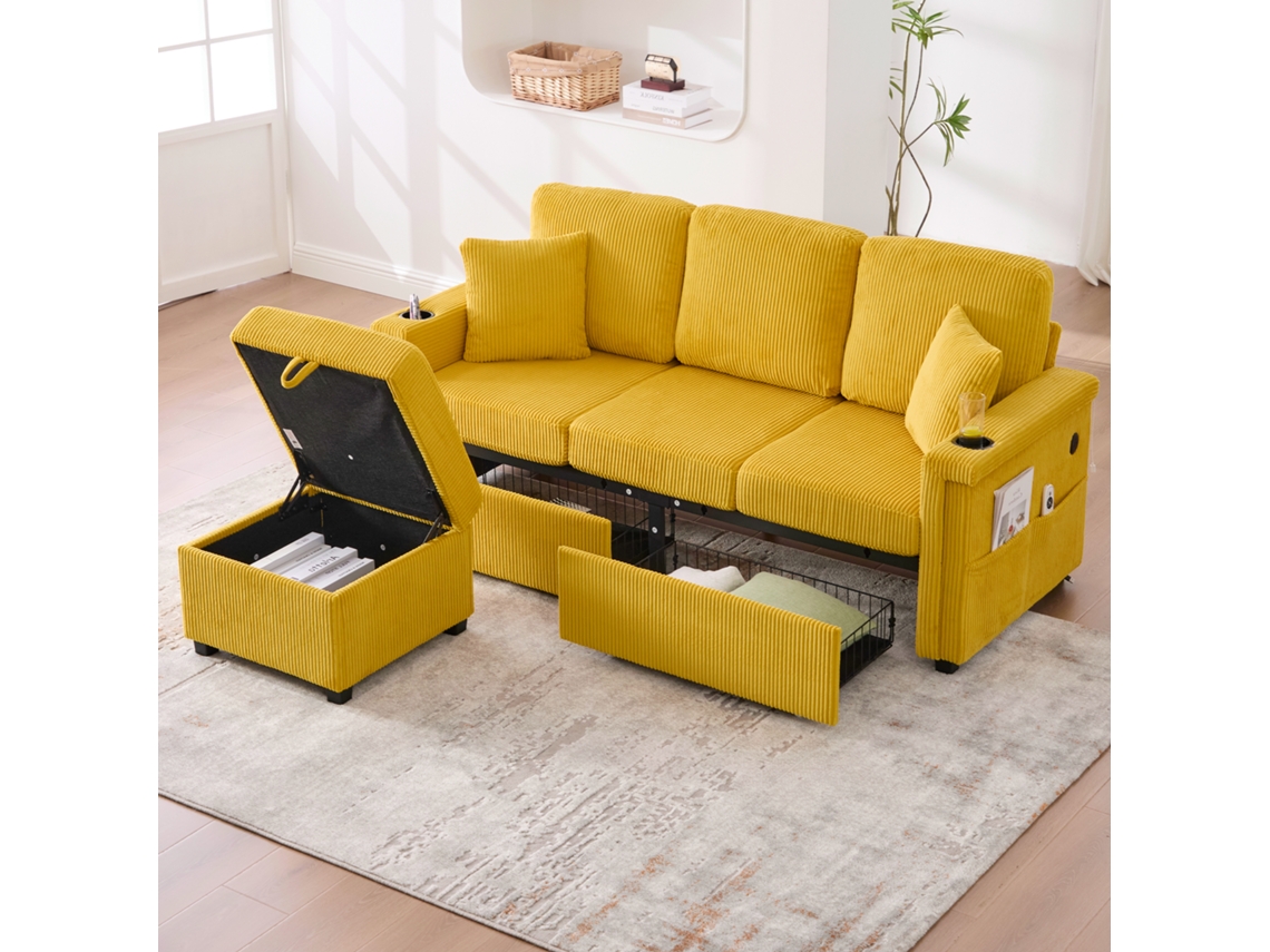 Sofá Veludo Premium, Led+usb C, Armazenamento, Porta-copos+bolsos, Sala/quarto-kd