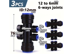 3 Conectores Seis Vias Redutor 12mm Para 6mm, Junta Rápida Para Tubo Pvc Sistema De Irrigação Nebulização Jardim