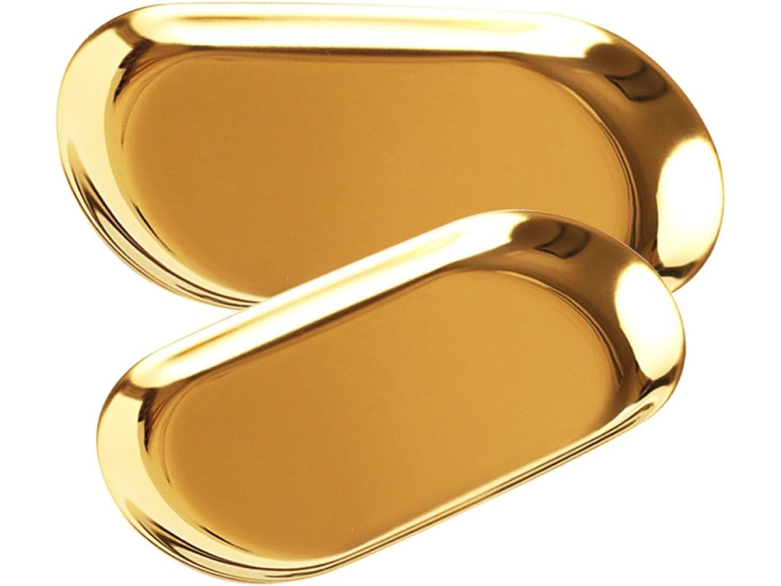 Conjunto 2 Bandejas Decorativas Ovais Pequenas Grandes Inoxidável Dourado Guardar Joias Guardanapos Frutas GOKOCO