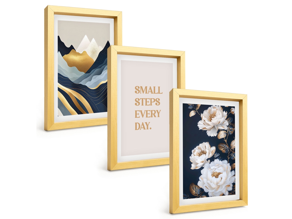 Quadros Decorativos Para Paredemontanhas Abstratas, Flores, Inspiração Moldura Dourada Pinturas De Quarto Espelharte (3 Peças 20x30 Cm)
