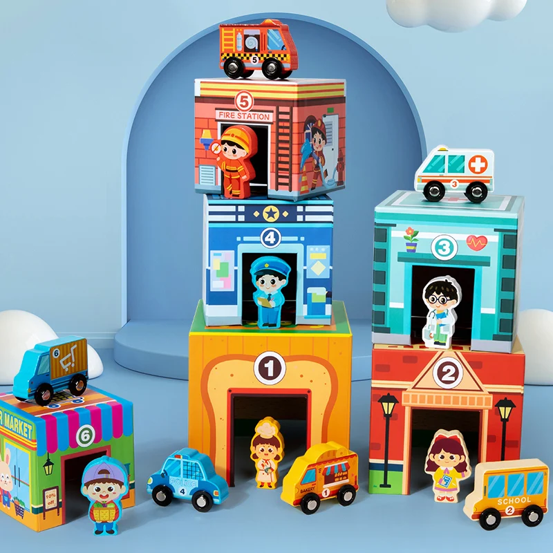 Conjunto De Brinquedos Urbanos De Madeira Contendo Veículos E Figuras Blocos De Construção Brinquedos Educativos Para Crianças