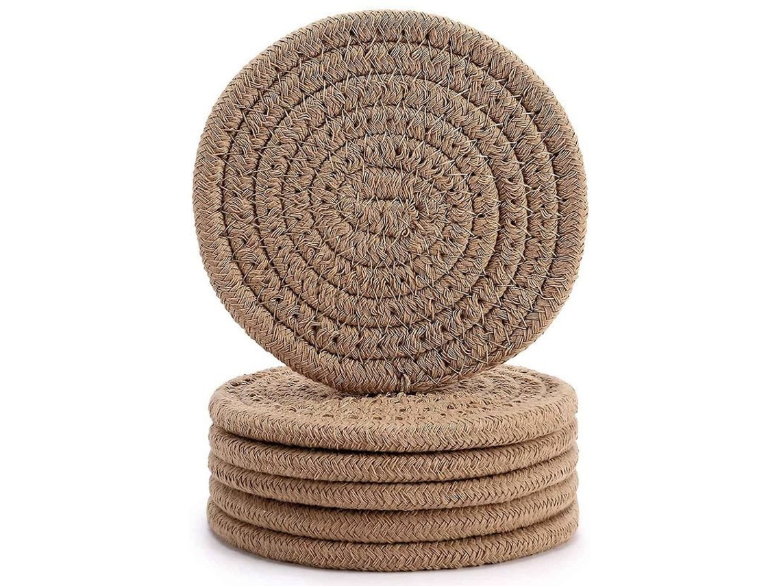 Conjunto De 6 Porta-copos De Corda De Algodão Marrom Claro Absorvente E Macio Para Mesa E Móveis