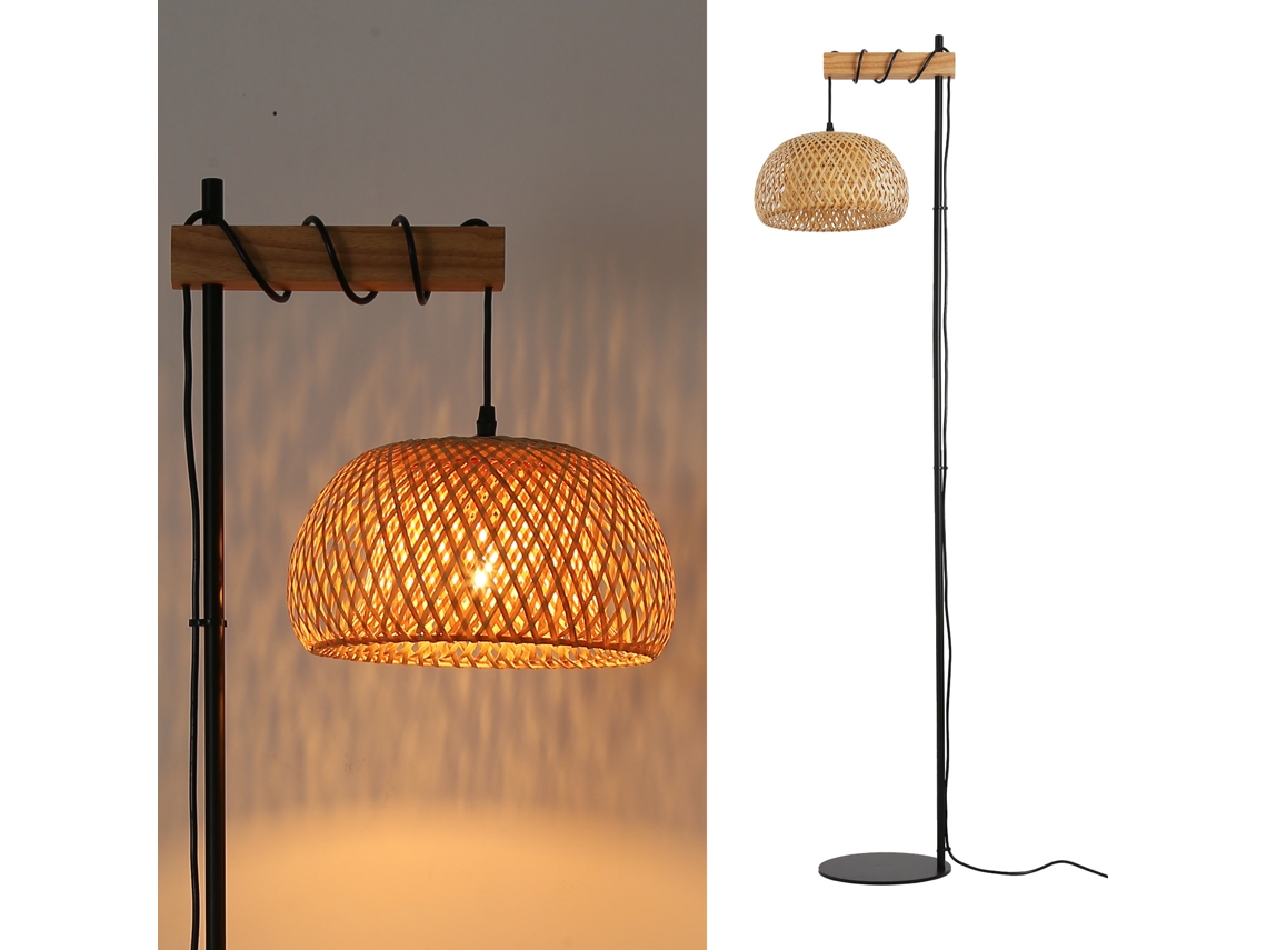 Candeeiro De Pé Em Madeira E Vime Com Abajur De Bambu “ylva”, Interruptor De Pé, Design Moderno Para Sala Ou Cozinha, E27