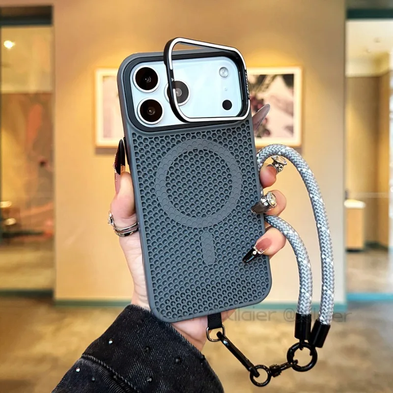 Capa Magnética Para Iphone 16 Pro (cinza) Com Sistema De Resfriamento, Suporte E Alça De Pulso Para Absorção De Impactos.