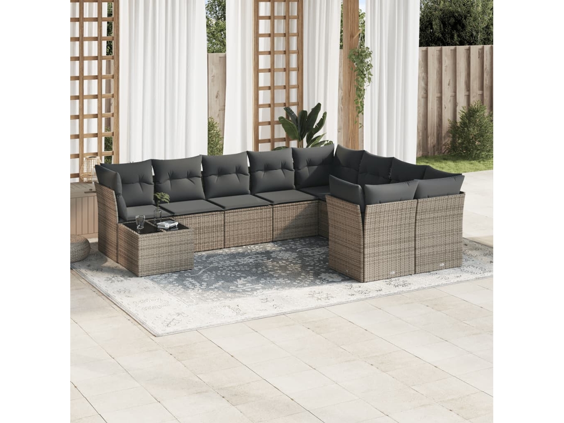 Vidaxl 10 Pcs Conjunto Sofás de Jardim C/ Almofadões Vime Pe Cinzento