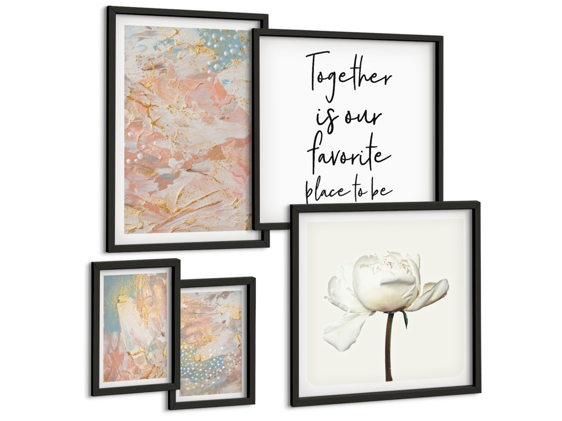 Conjunto De Pinturas Flores Abstratas Com Frases Espelharte (5 Peças)