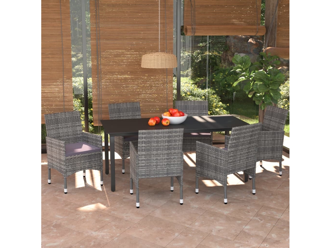 Conjunto 7 Peças Jantar P/ Jardim C/ Almofadões Vime Pe Cinza Dkd Home Decor
