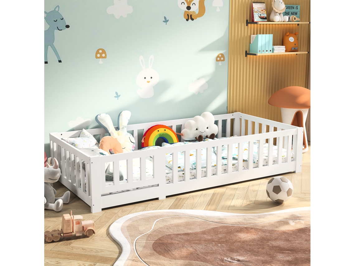Cama Montessori Infantil 90x200 cm, cama de chão con Grade de Segurança en Madeira de Pinheiro, Branca