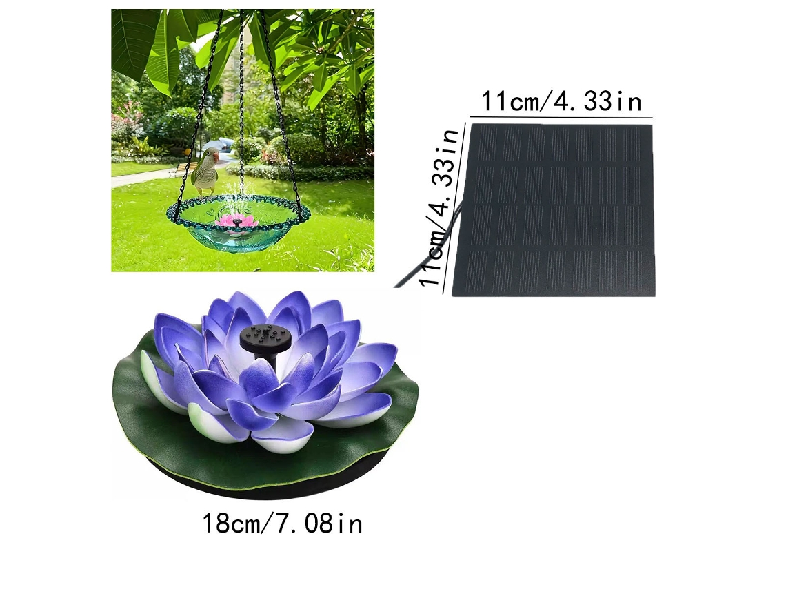 Fonte Solar De Lotus Azul 1.5w Com Painel Separado - Bomba De Água Para Pássaros, Jardim E Decoração, Sustentável E Versátil