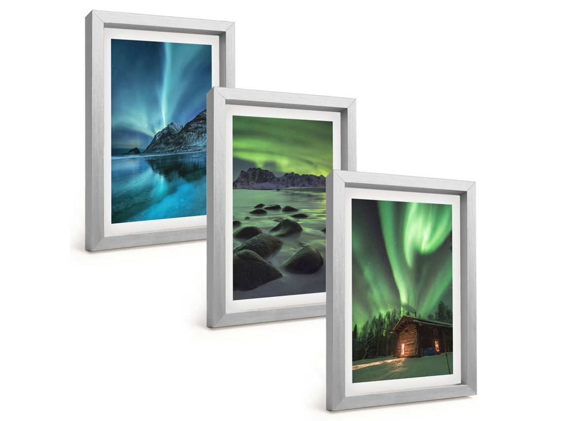 Conjunto De Pinturaspaisagens De Inverno, Aurora Boreal Montanhas Moldura Prateada Quadros Para A Sala De Estar Espelharte (3 Peças 20x30 Cm)