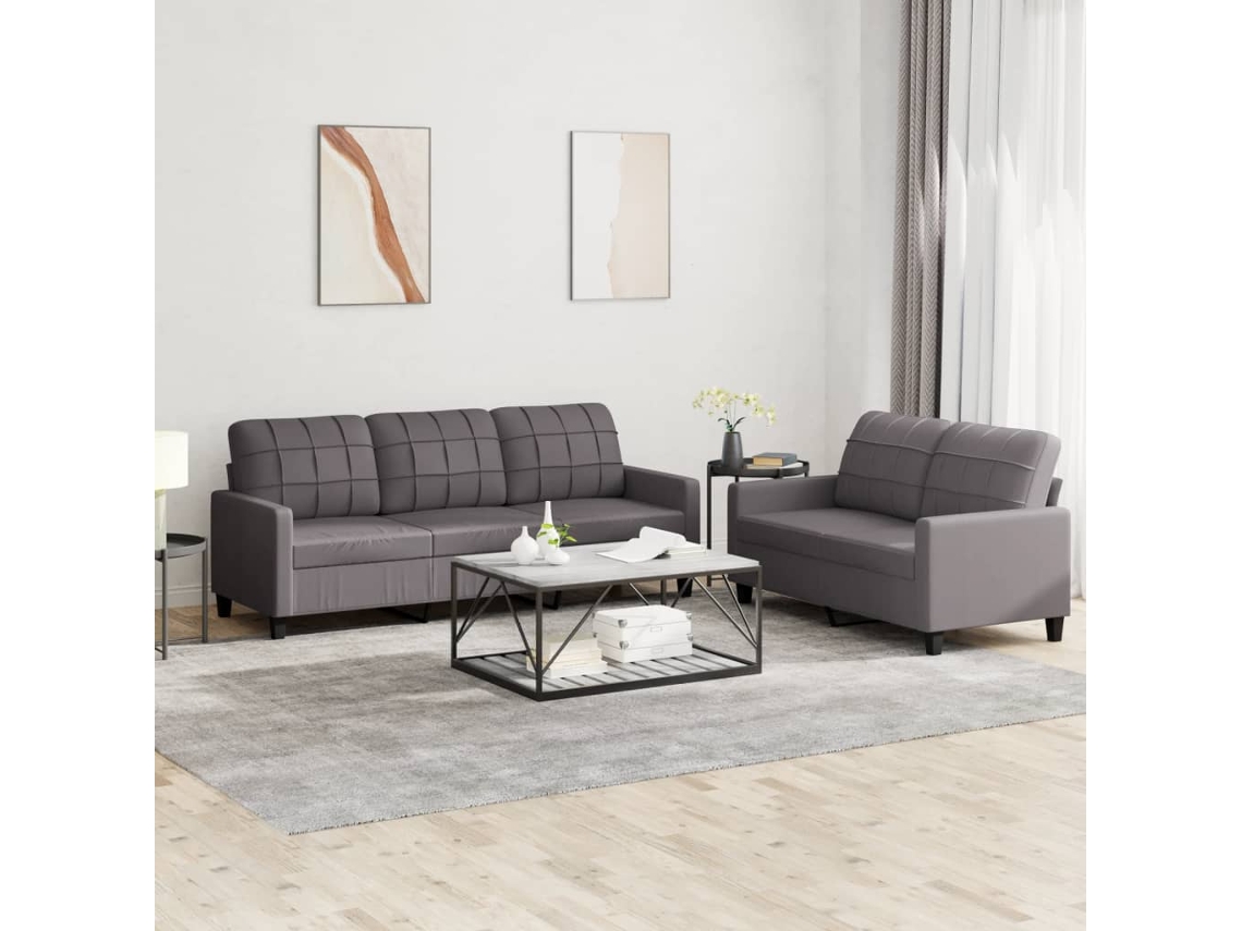 Vidaxl 2 Pcs Conjunto De Sofás C/ Almofadões Couro Artificial Cinzento
