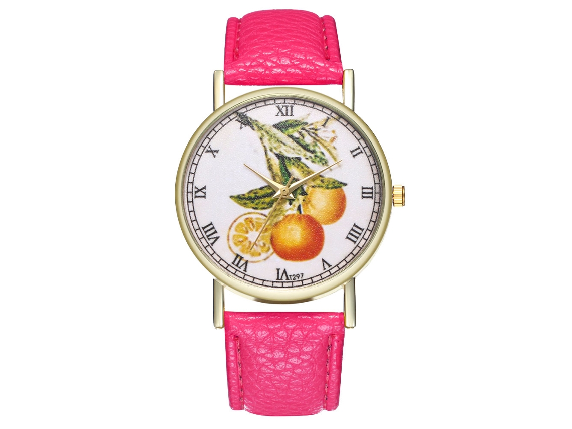 Relógio unissex casual com estampa de frutas, quartzo, pulseira de couro, vermelho e rosa.