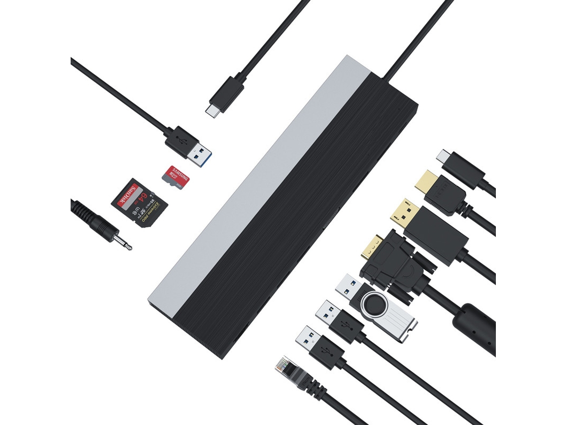 Yizhood Docking Station Triple Fabric 4k USB Hub Suporte Duplo Hdmi/Dvi/Vga Usb C Hub 100w PD para Laptop Macbook Pro Preto