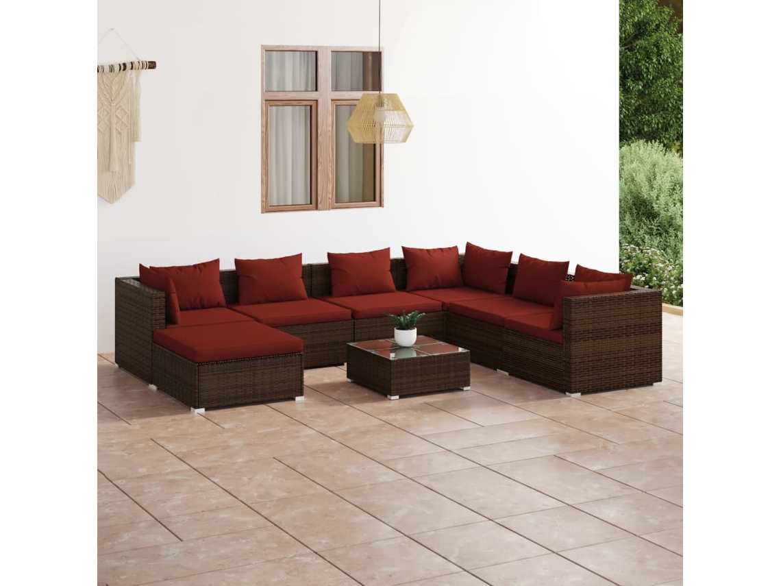 Vidaxl 8 Pcs Conjunto Lounge Jardim C/ Almofadões Vime Pe Castanho