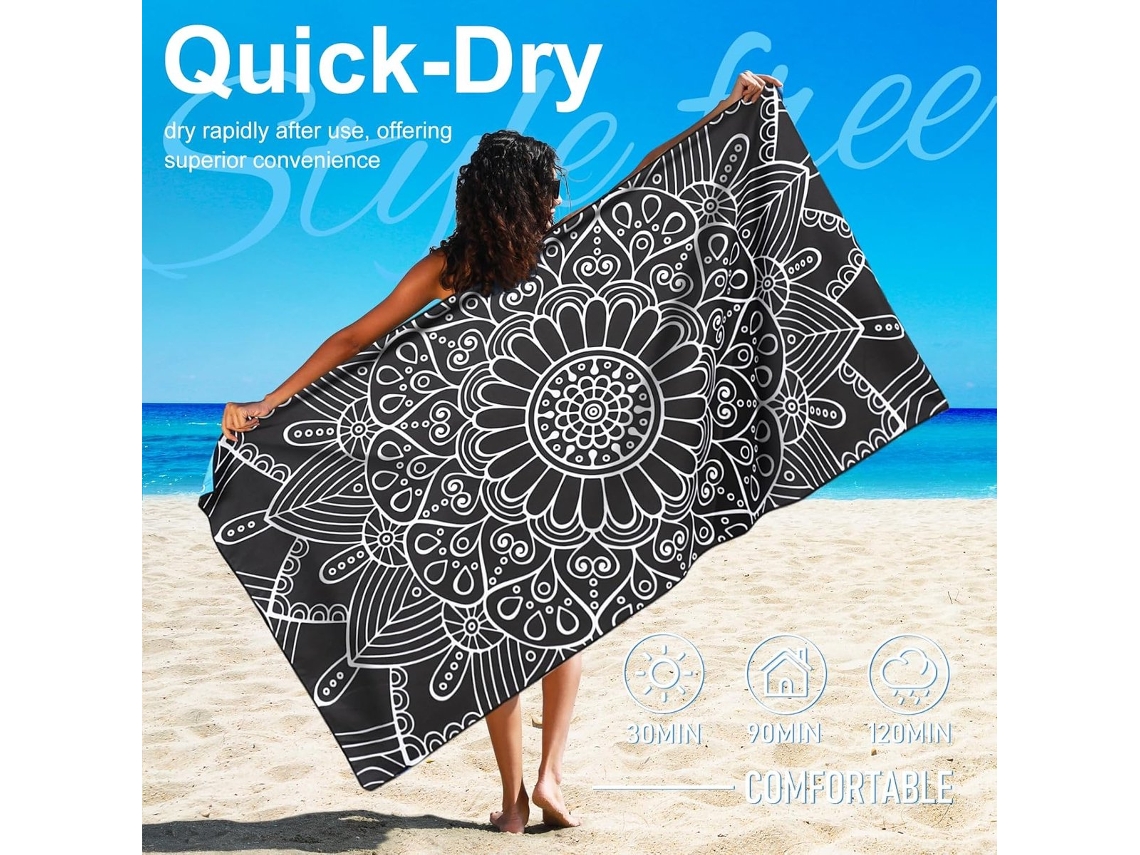 Toalha De Praia Em Microfibra Mandala Floral Preta 180×90 Cm, Leve, Anti‑areia E Secagem Rápida, Para Praia, Piscina, Ioga E Camping