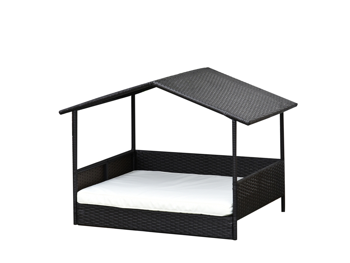 Cama Cão Rattan Exterior Com Telhado, Elevada, Para Médios, Com Almofada, 69x98x70cm, Castanho
