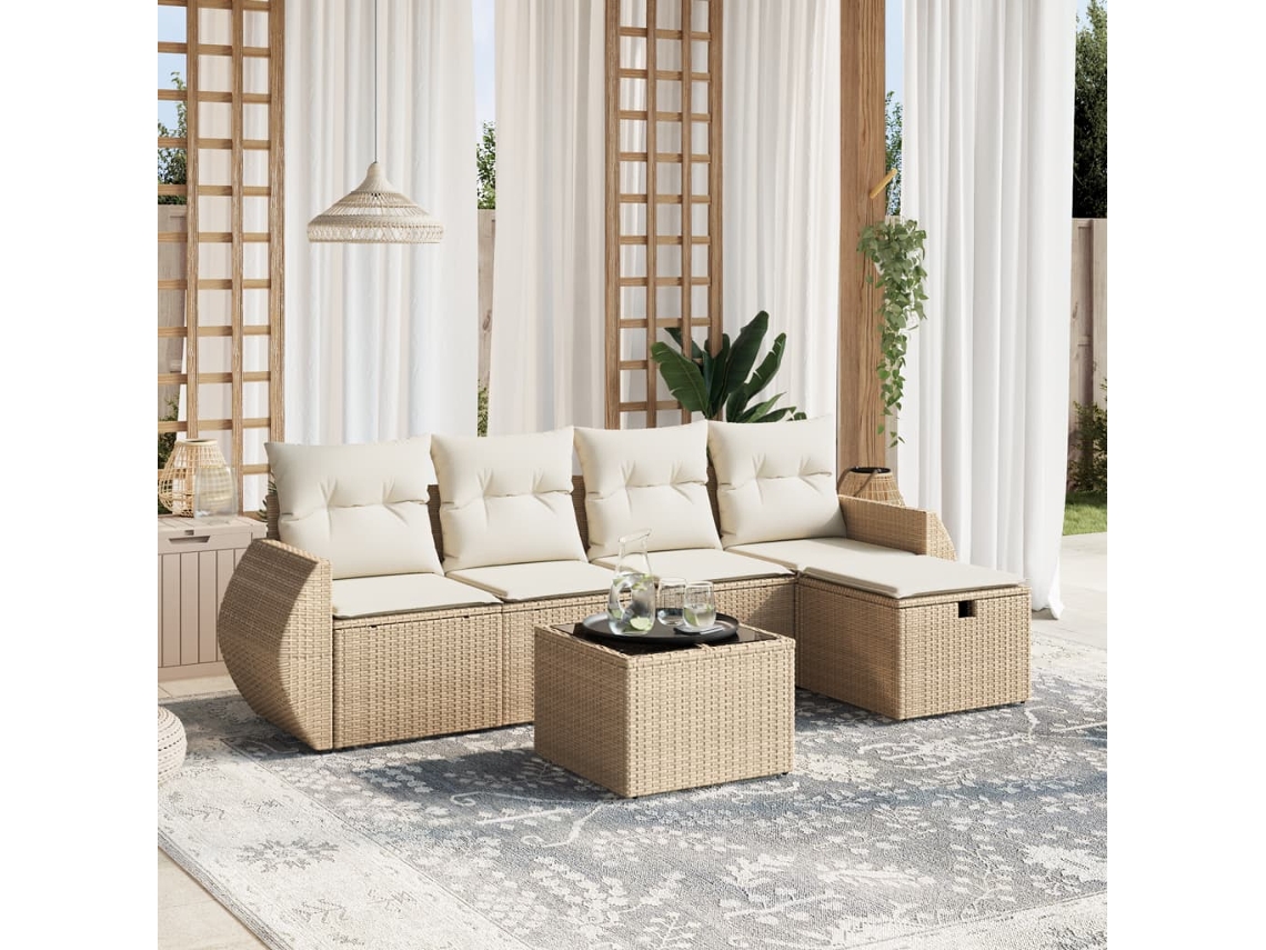 Vidaxl 6 Pcs Conjunto De Sofás P/ Jardim Com Almofadões Vime Pe Bege