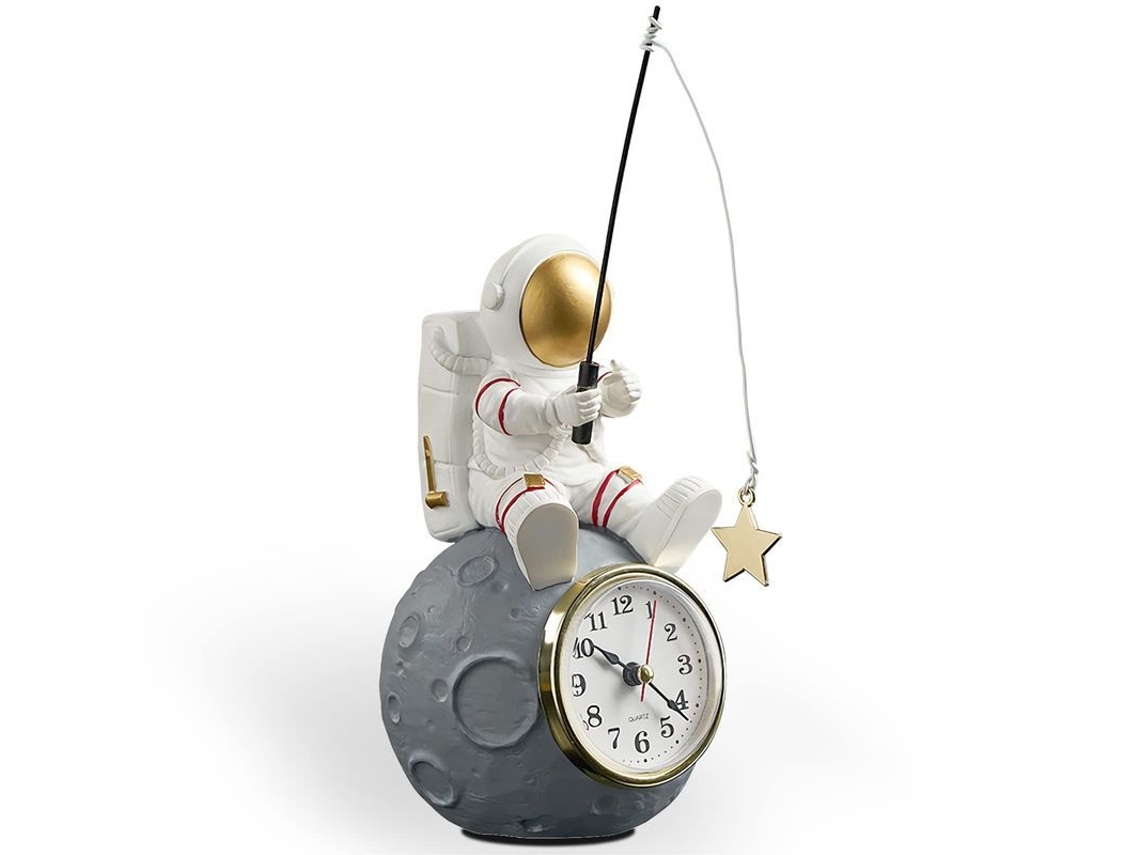 Relógio de mesa e prateleira Linjou com figura de astronauta, funciona a pilhas, com figura de astronauta e planeta.