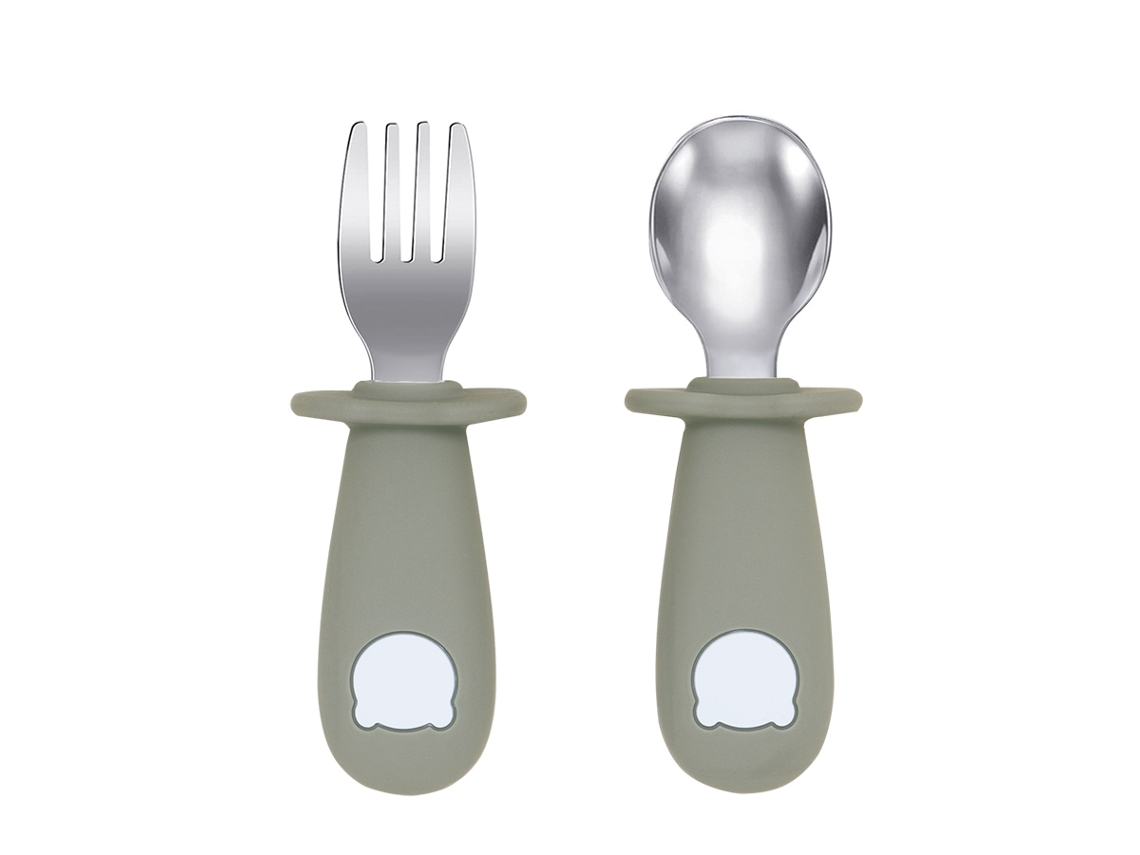 Conjunto de Talheres para Bebê , Inclui Colher e Garfo de Aço Inoxidável, Livre de Bpa. MDUG (verde Claro)