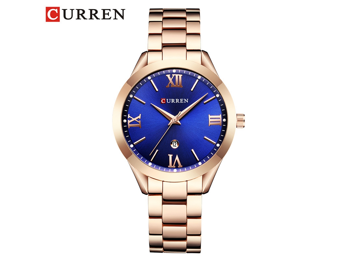 Relógio Feminino De Quartzo À Prova D'água (dourado Rosa E Azul) Com Mostrador Romano E Calendário Simples.