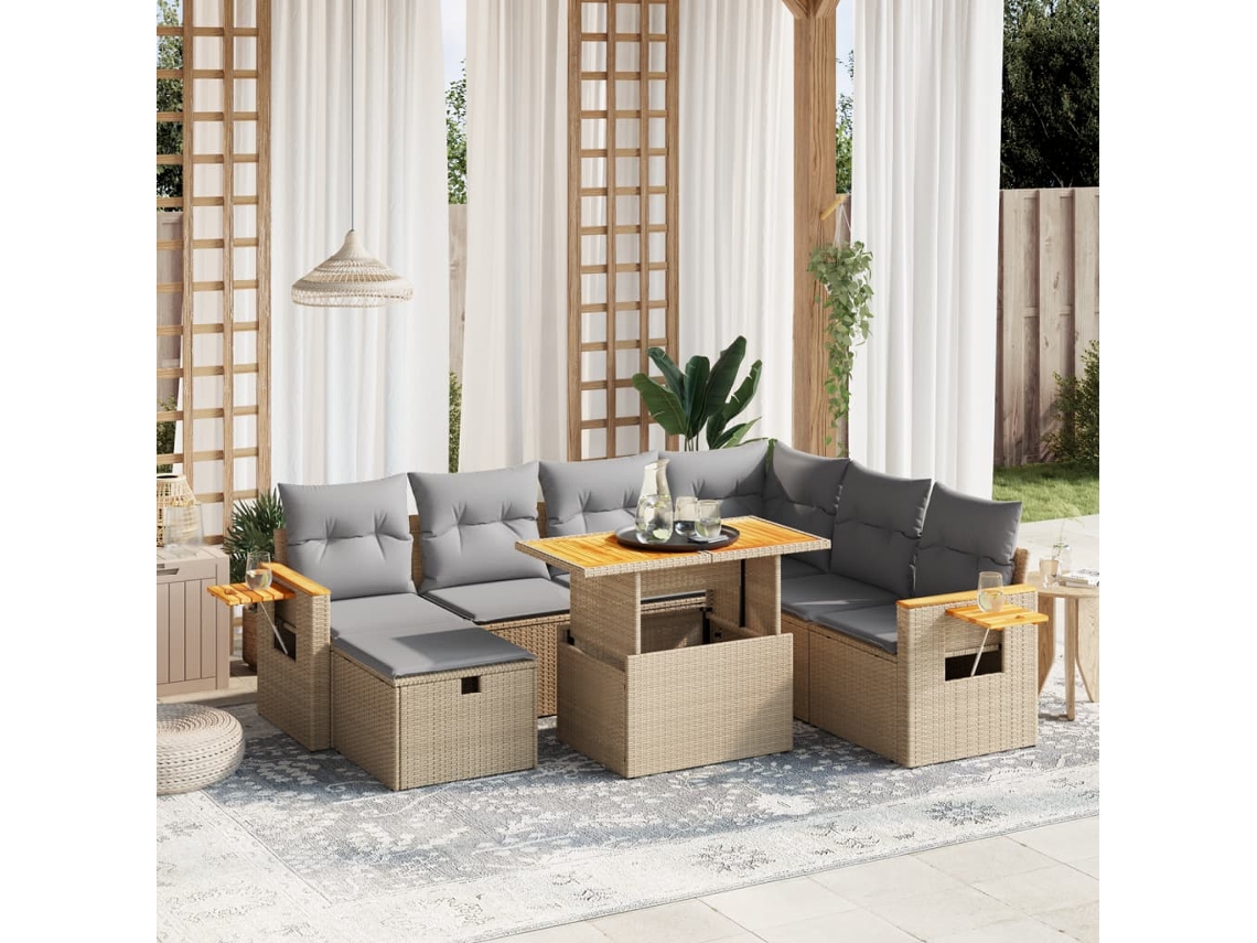 Vidaxl 8 Pcs Conjunto De Sofás P/ Jardim Com Almofadões Vime Pe Bege