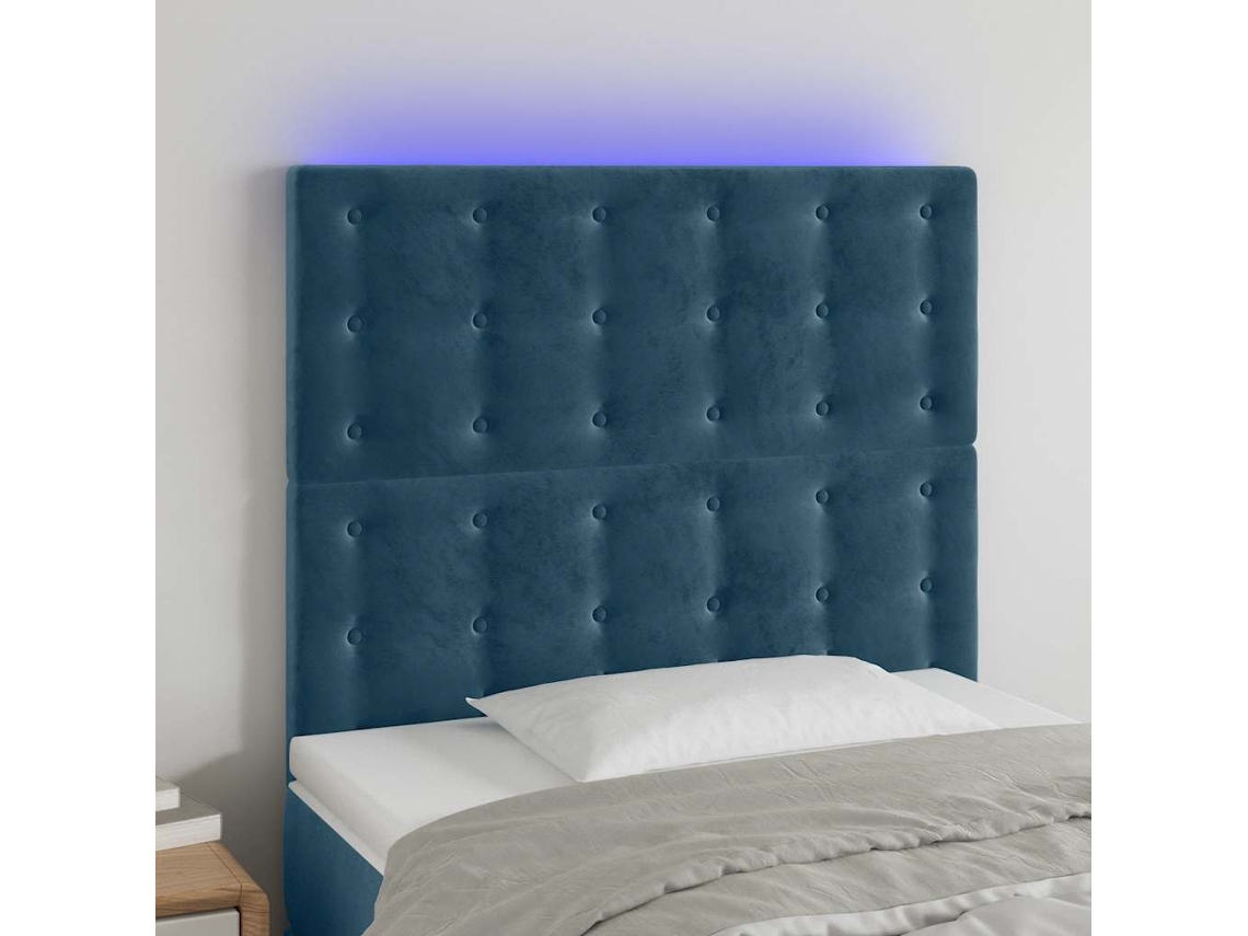 Vidaxl Cabeceira Cama C/ Luzes Led Veludo 100x5x118/128cm Azul-escuro